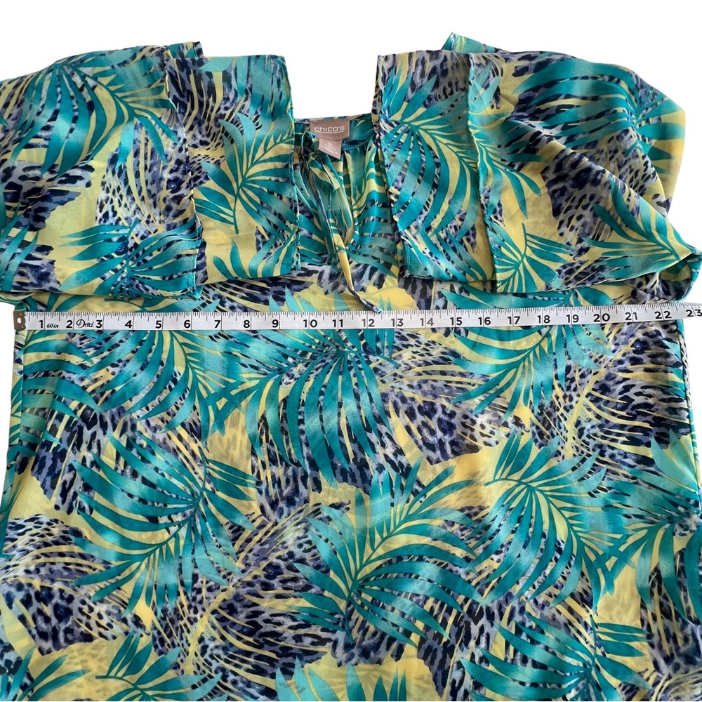 Chico’s Blouse Tropical Leopard Semi Sheer Ruffle Sleeve Green Blue 12 Large L - Picture 9 of 11